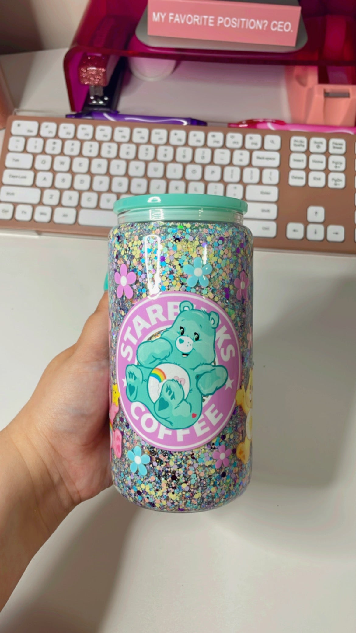 Carebear 16oz Cup with Teal Lid & Clear Glass Straw