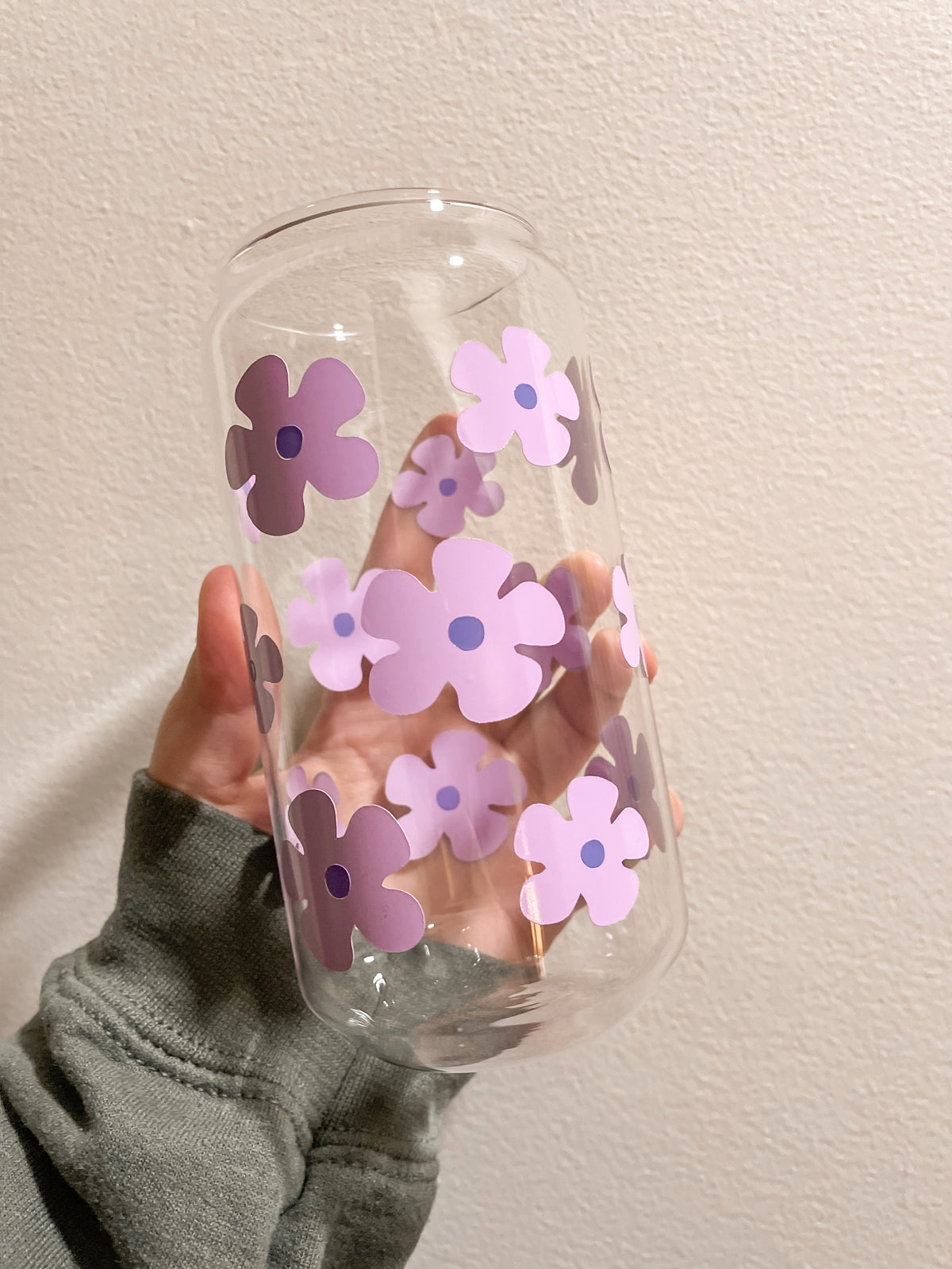 Beer Can Glass With Lid and Straw Holographic Flower Glass 