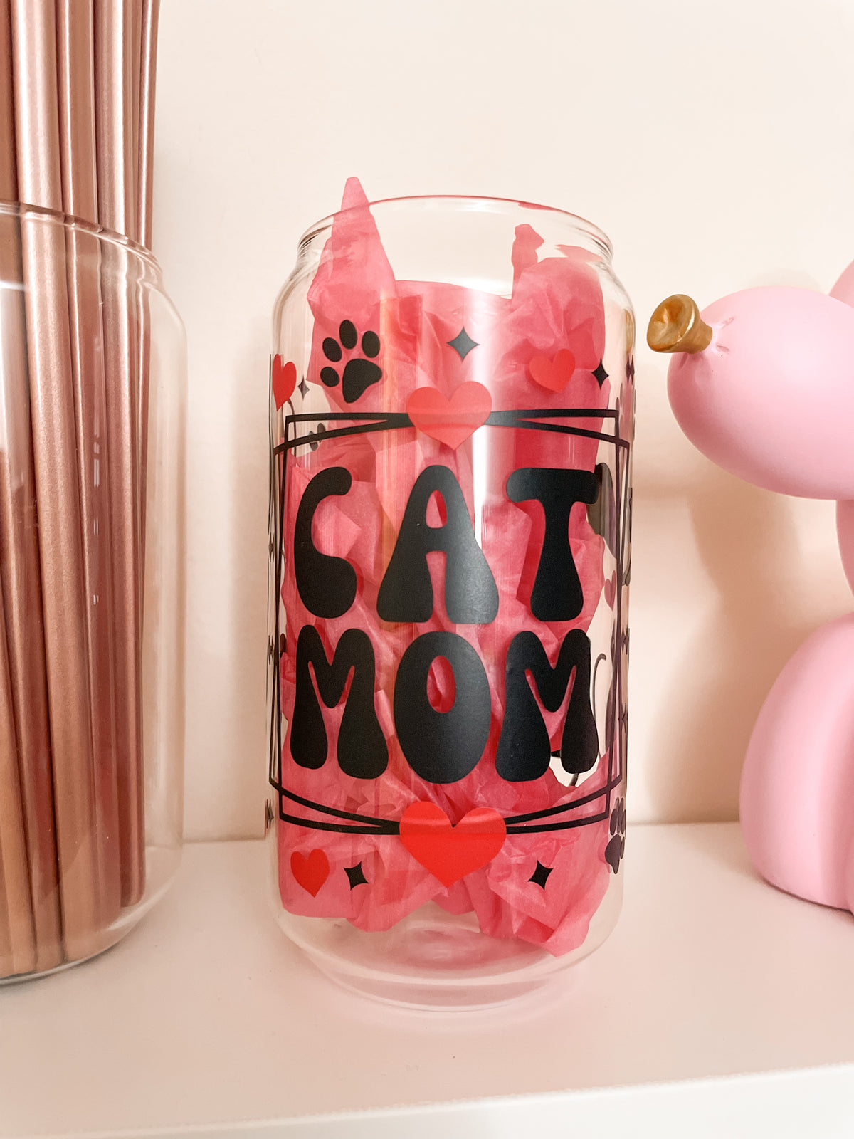 Cat Mom Print Glass Can With Lid